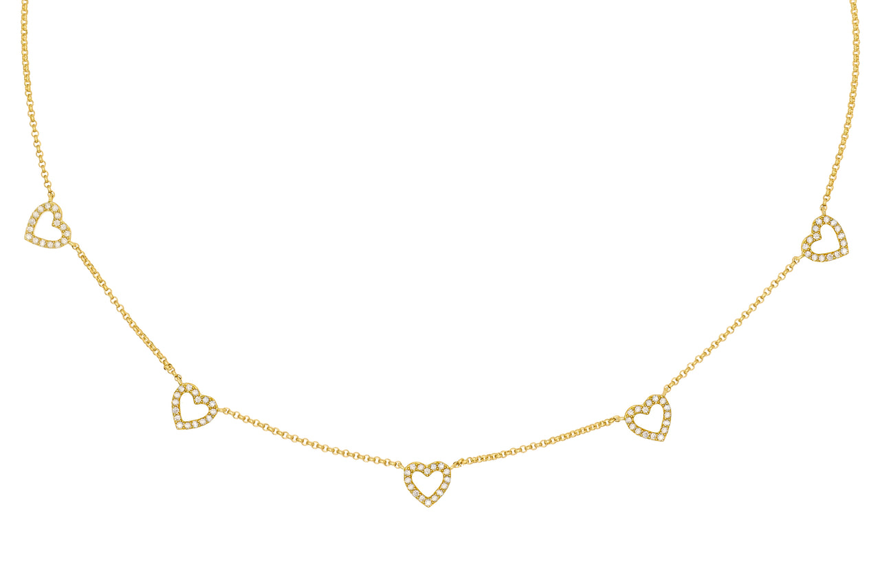 14k Yellow Gold Diamond 5 Heart Necklace