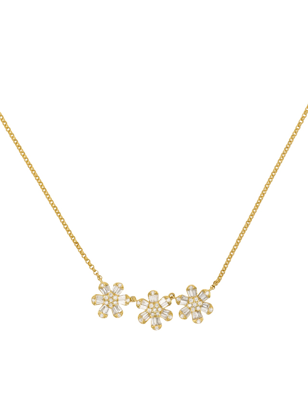 14k Yellow Gold Diamond Baguette Daisy Necklace