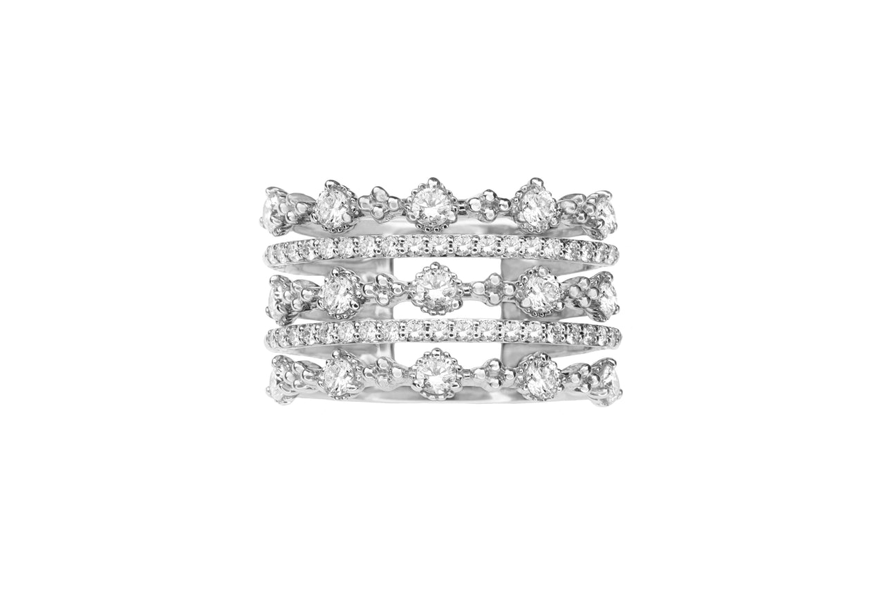 14k White Gold Diamond Five Row Crown Ring