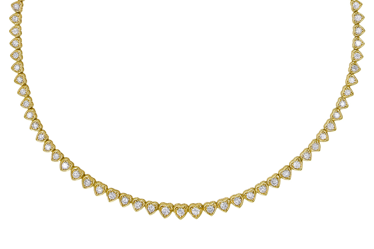 14k Yellow Gold Diamond Heart Tennis Necklace