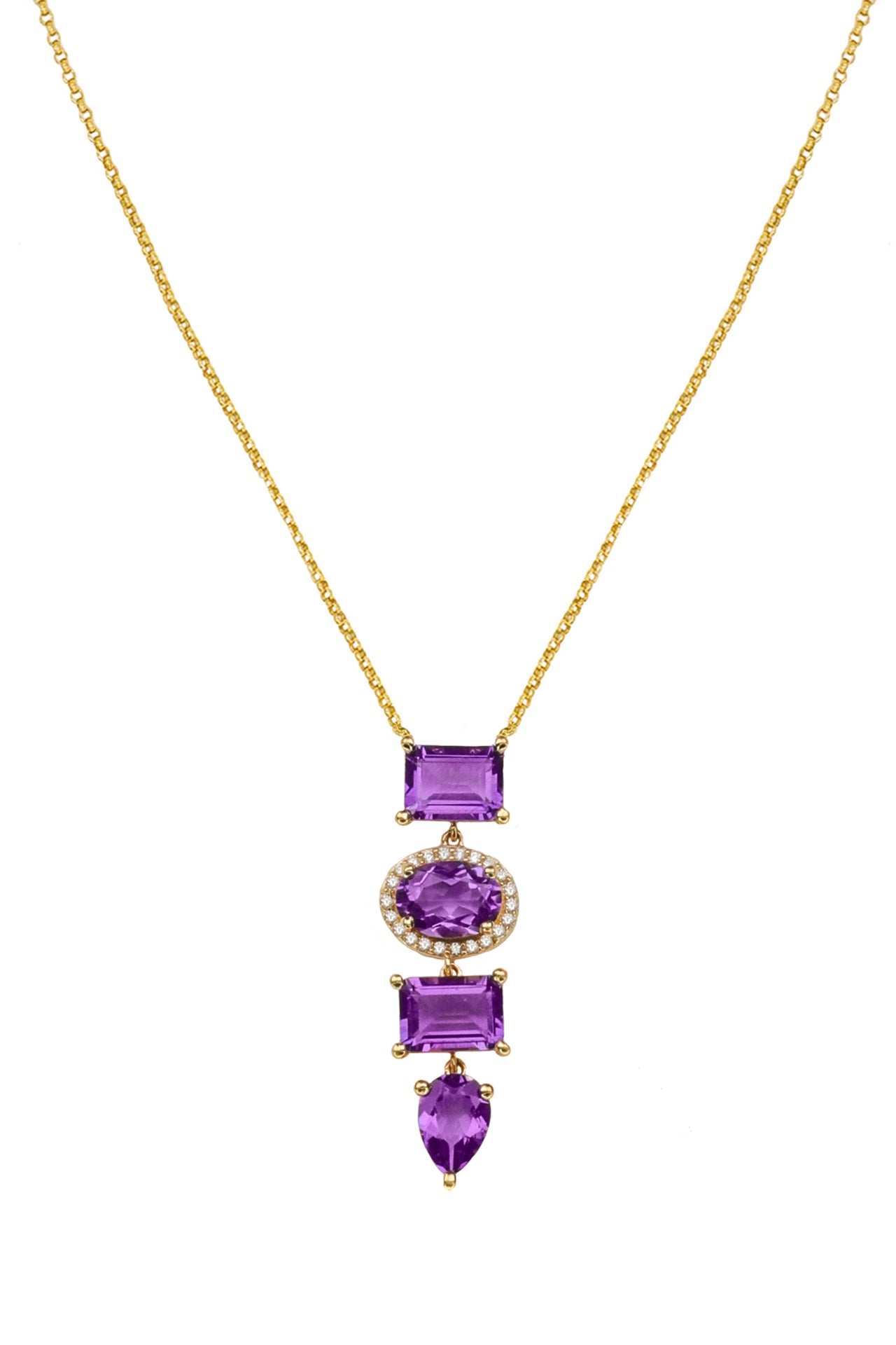 14k Yellow Gold Diamond/Amethyst Drop Necklaces