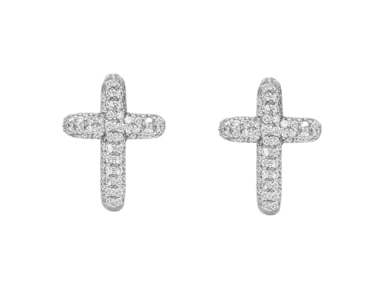 14k White Gold Diamond Bubble Pave Cross Earrings