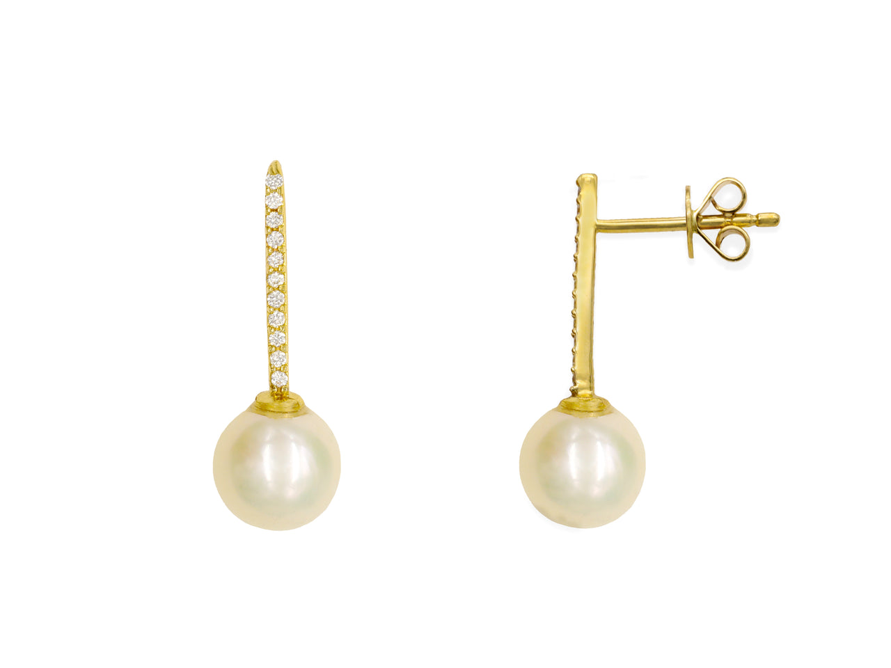 14k Yellow Gold Pearl Diamond Bar Earrings