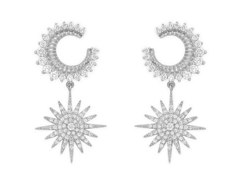 14k White Gold Diamond Celestial Moon and Star Earrings