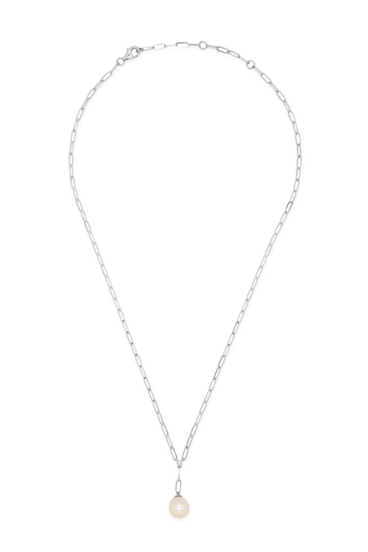 14k White Gold Pearl/Diamond Paperclip Necklace