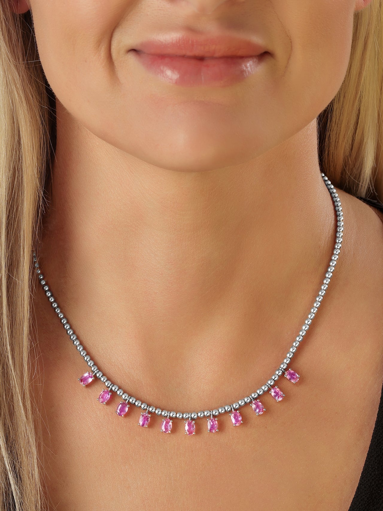 14k White Gold Pink Sapphire Drop Necklace