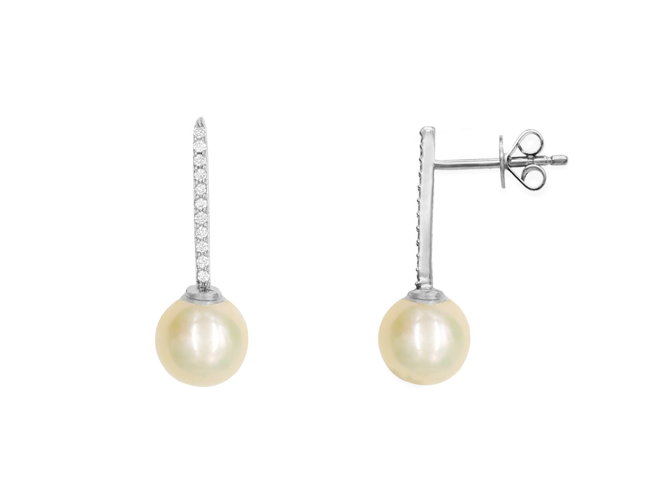 14k White Gold Pearl Diamond Bar Earrings