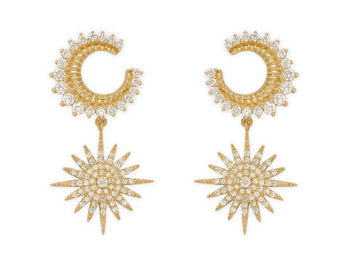 14k Yellow Gold Diamond Celestial Moon and Star Earrings