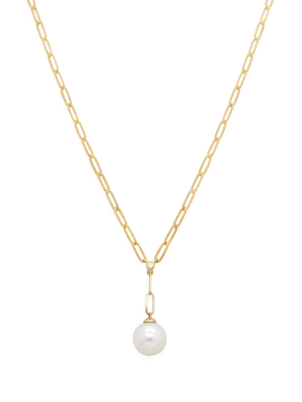 14k Yellow Gold Pearl/Diamond Paperclip Necklace