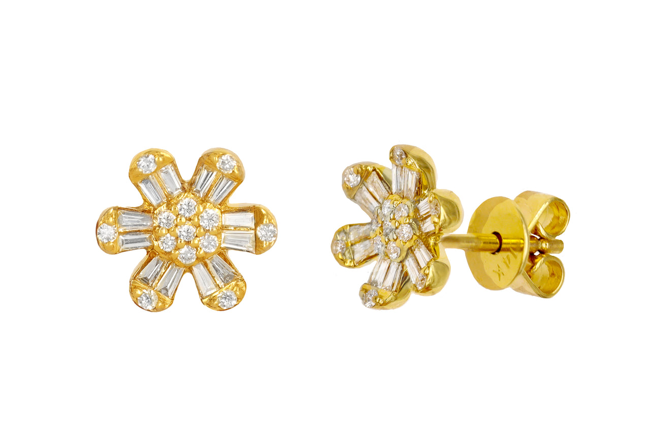 14k Yellow Gold Diamond Baguette Daisy Earrings