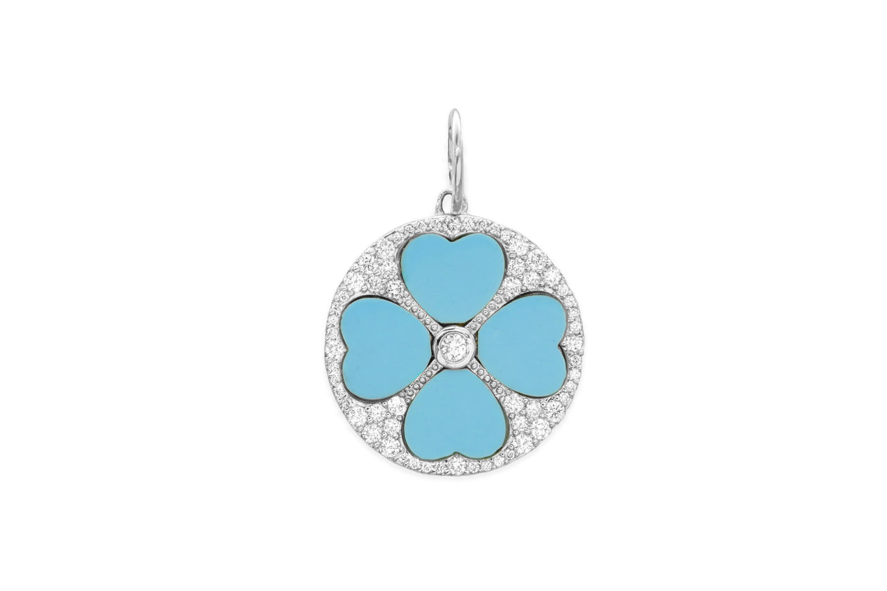 14k White Gold Diamond/Blue Turquoise Heart Coin Charm