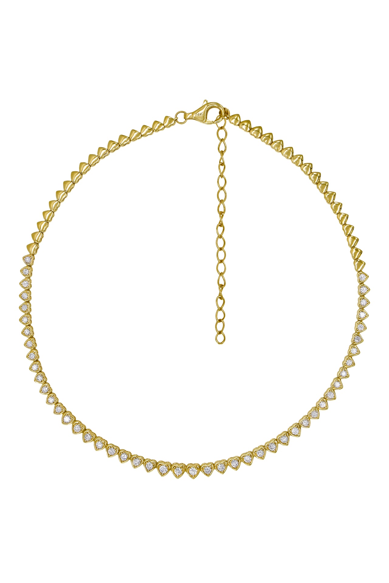 14k Yellow Gold Diamond Heart Tennis Necklace