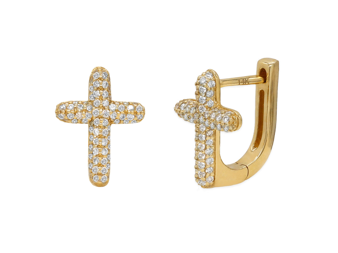 14k Yellow Gold Diamond Bubble Pave Cross Earrings