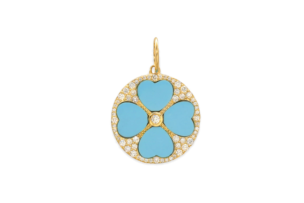 14k Yellow Gold Diamond/Blue Turquoise Heart Coin Charm