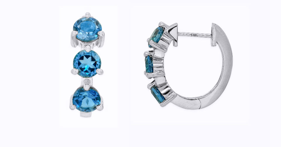 14k White Gold Large Blue Topaz Huggie Earrings