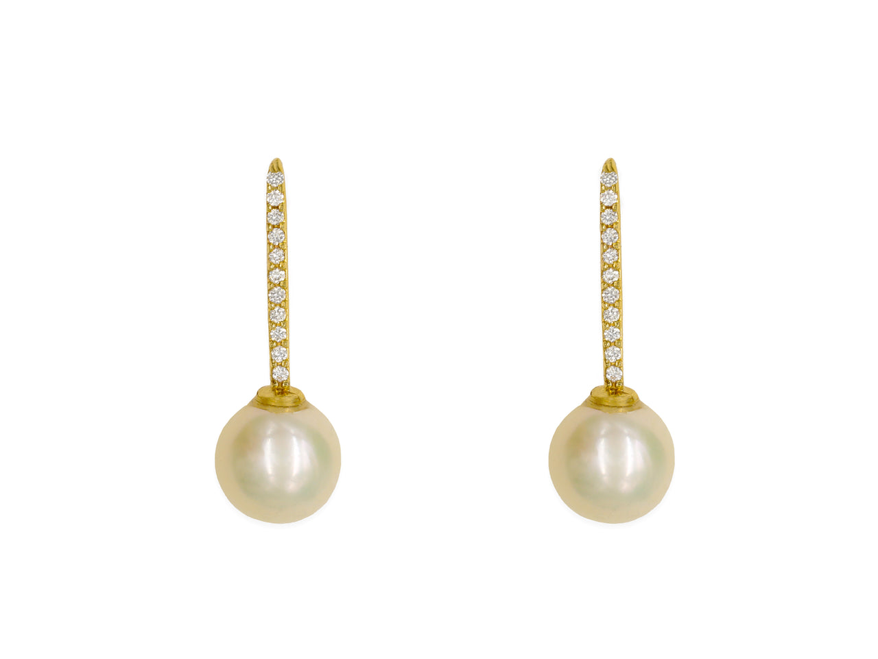 14k Yellow Gold Pearl Diamond Bar Earrings