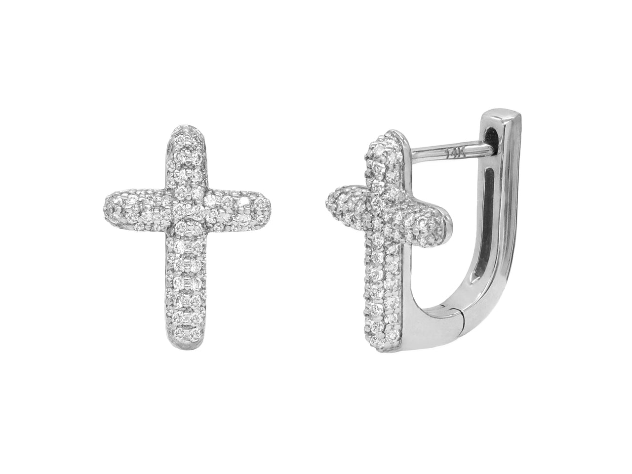 14k White Gold Diamond Bubble Pave Cross Earrings