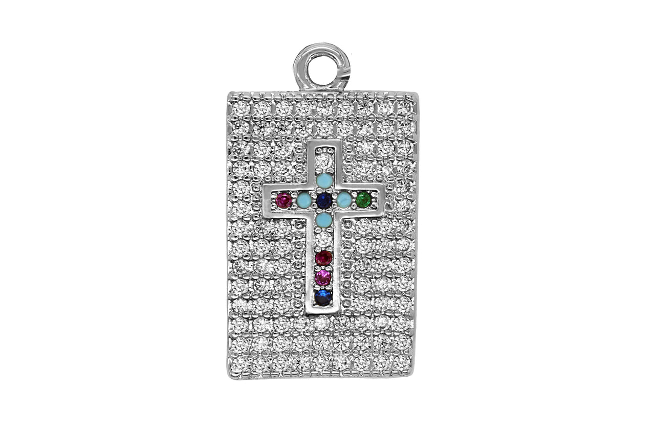 Silver Multicolor Cross Square Charm