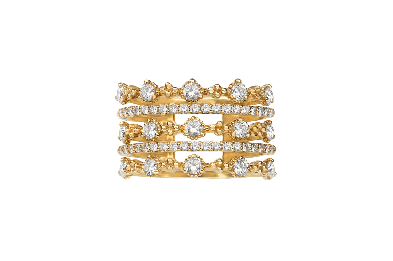 14k Yellow Gold Diamond Five Row Crown Ring