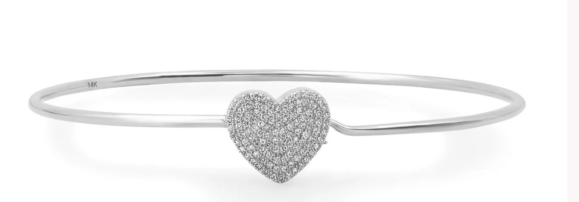 14k White Gold Diamond Heart Wire Bracelet