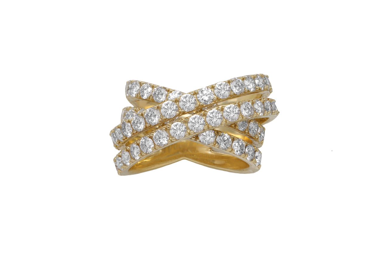 14k Yellow Gold Diamond Double Row Cross Over Ring
