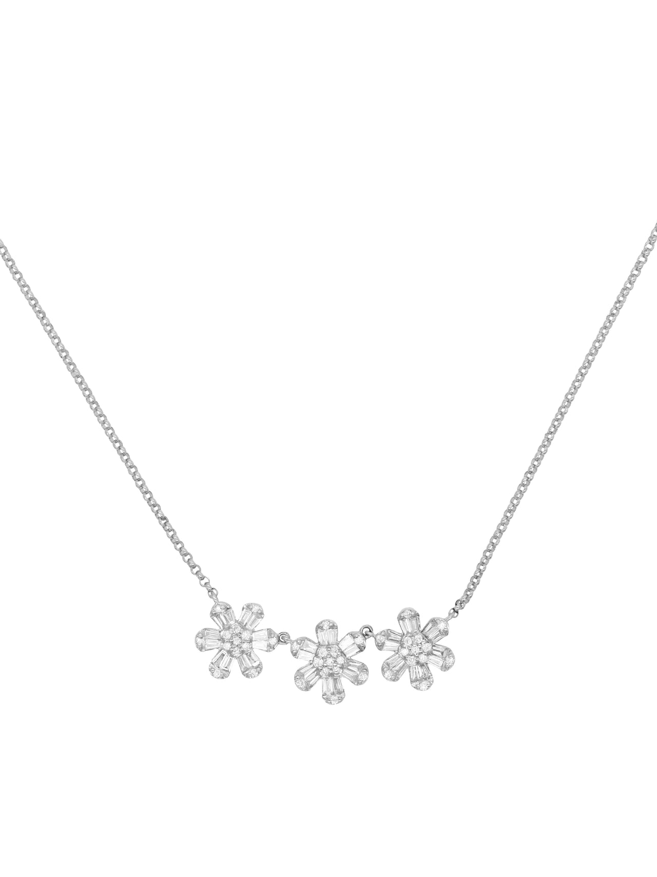 14k White Gold Baguette Diamond Daisy Necklace