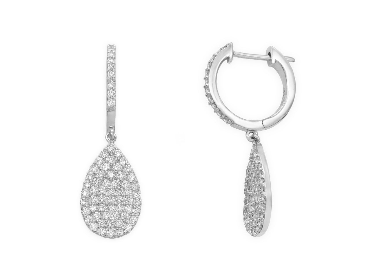 14k White Gold Pave Diamond Teardrop Huggie Earrings