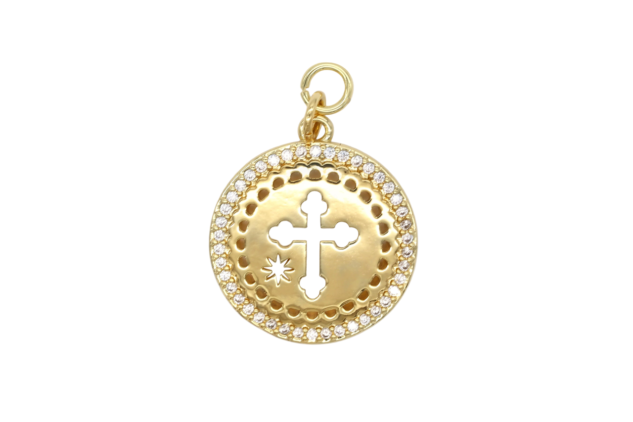 Gold Pave Cross Coin Charm