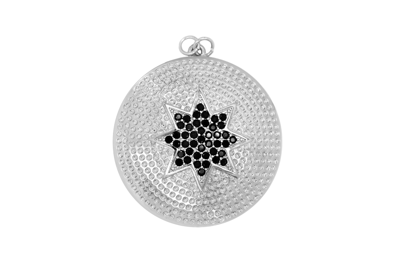 Silver Large Black Rhinestone Star Coin Charm