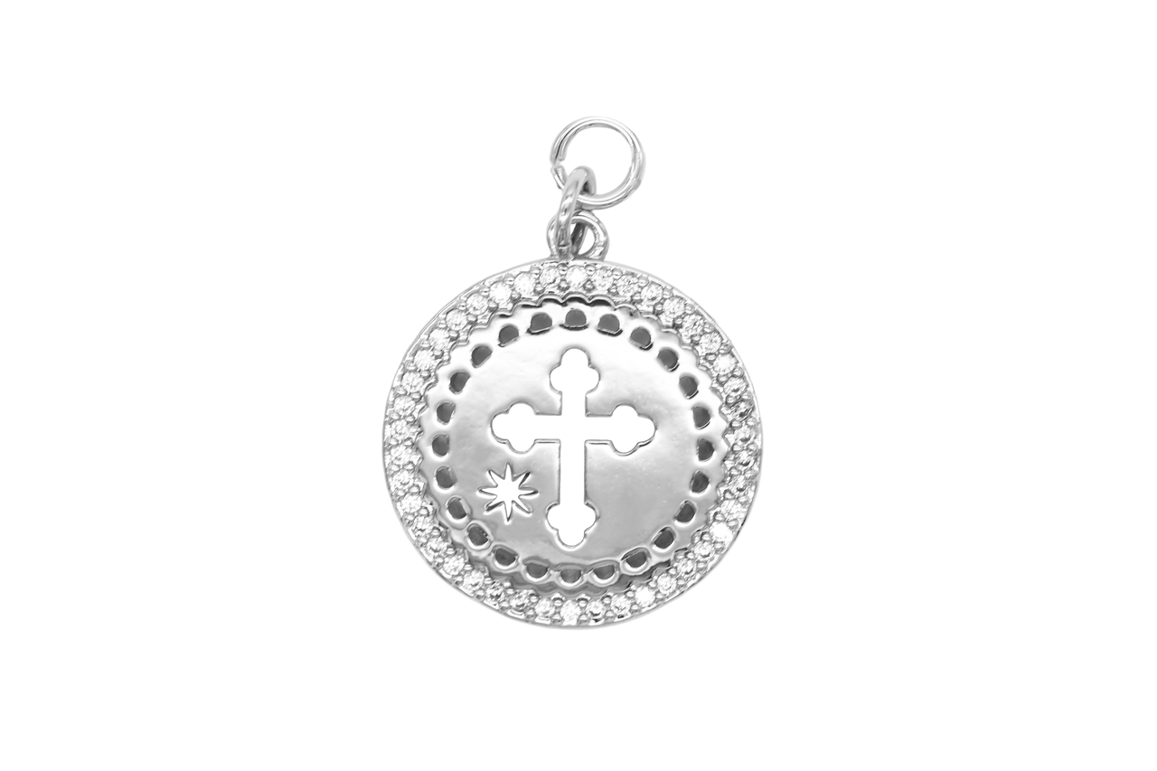 Silver Pave Cross Coin Charm