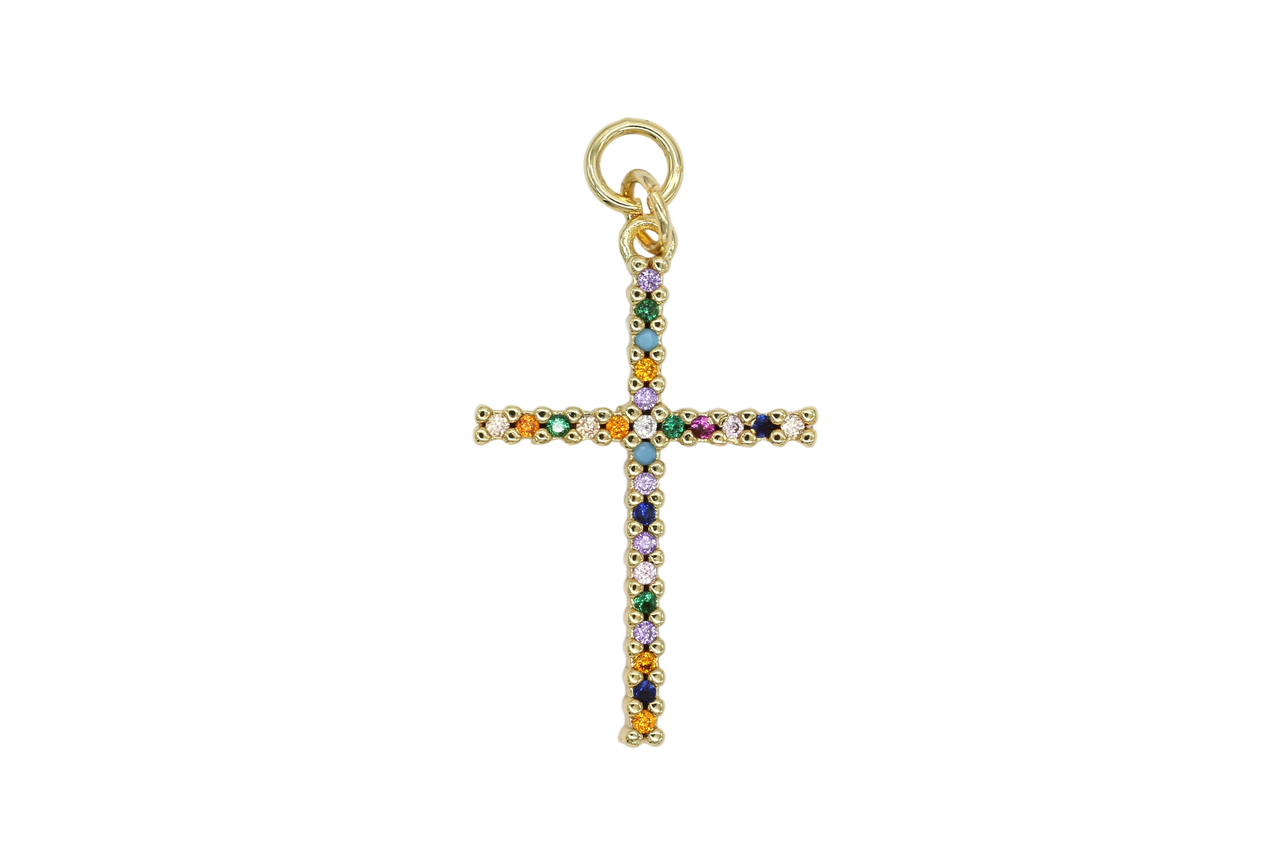 Gold Multicolor Pave Cross Charm