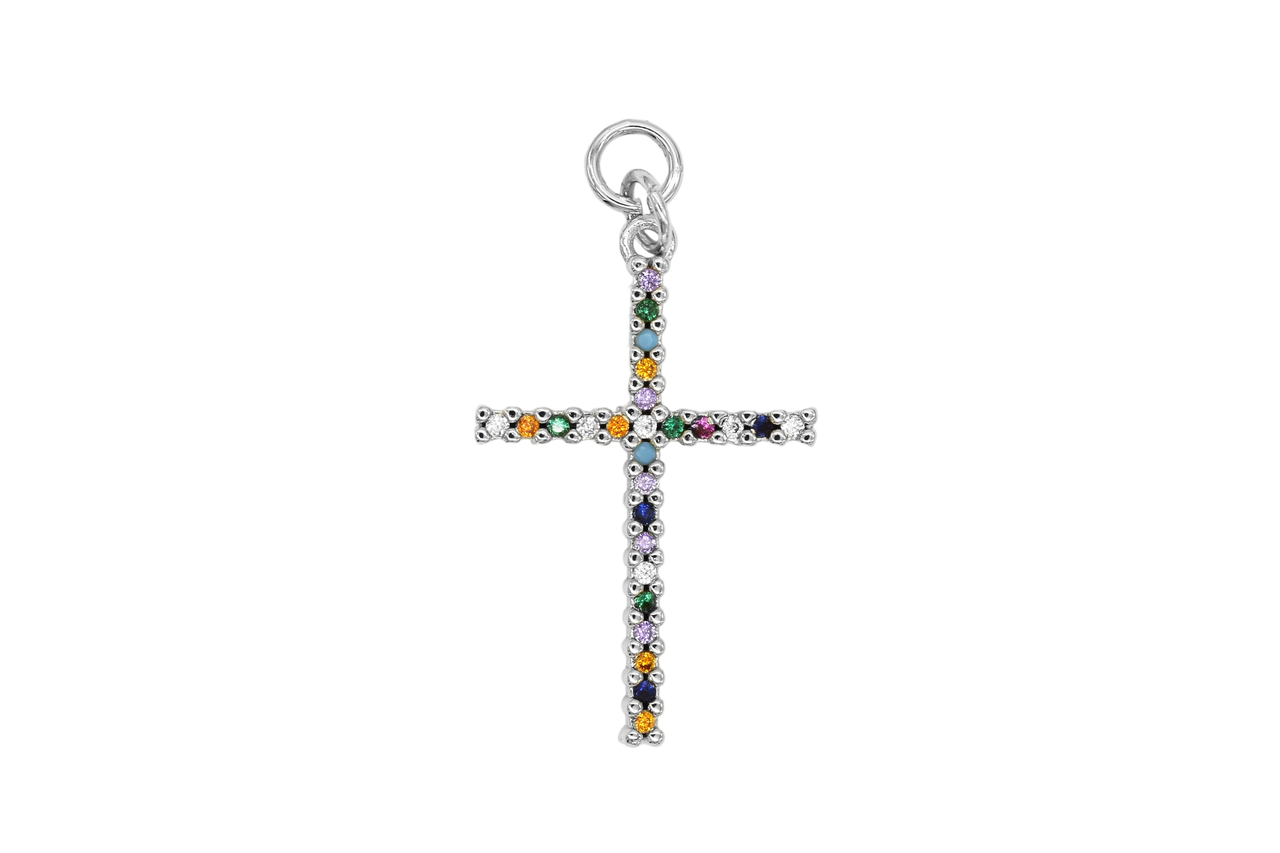 Silver Multicolor Pave Cross Charm
