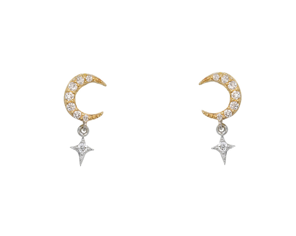 14k Yellow Gold Diamond Moon and Star Earrings