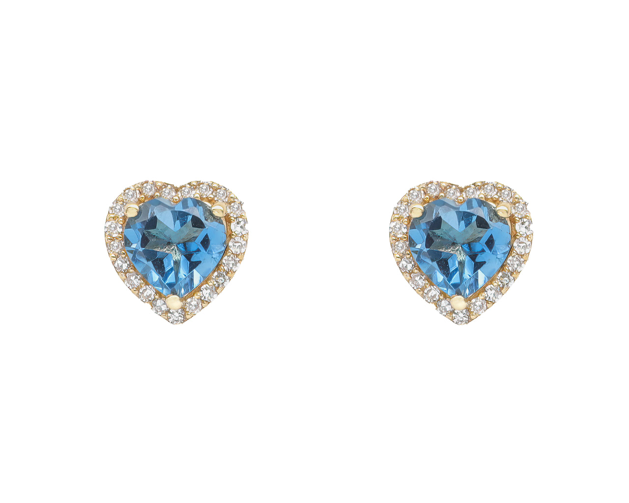 14k Yellow Gold Diamond Blue Topaz Heart Earrings.