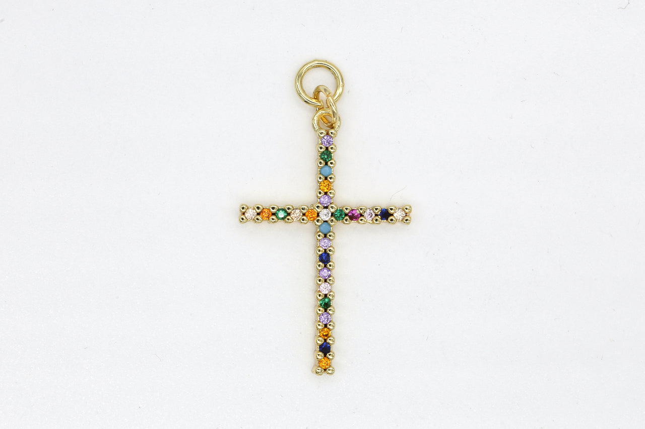 Gold Multicolor Pave Cross Charm