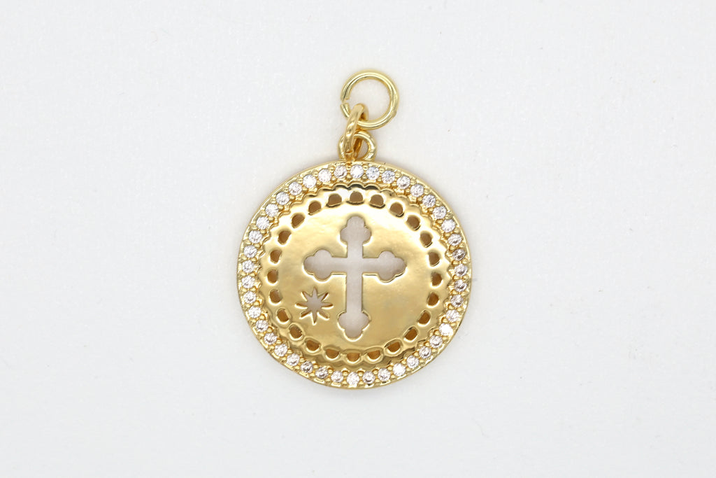 Gold Pave Cross Coin Charm