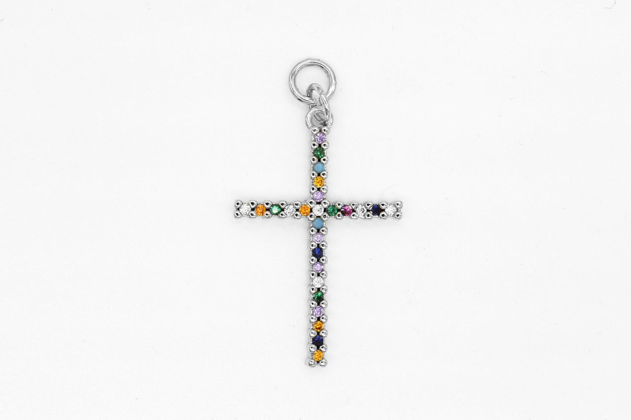 Silver Multicolor Pave Cross Charm