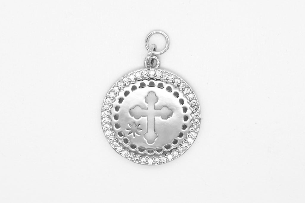 Silver Pave Cross Coin Charm
